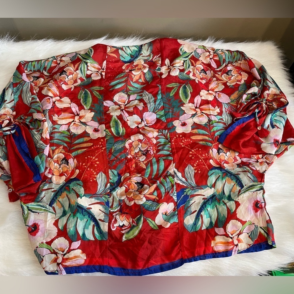 Johnny Was Evy Silk Floral V-Neck Blouse - Red and Blue - Picture 10 of 10